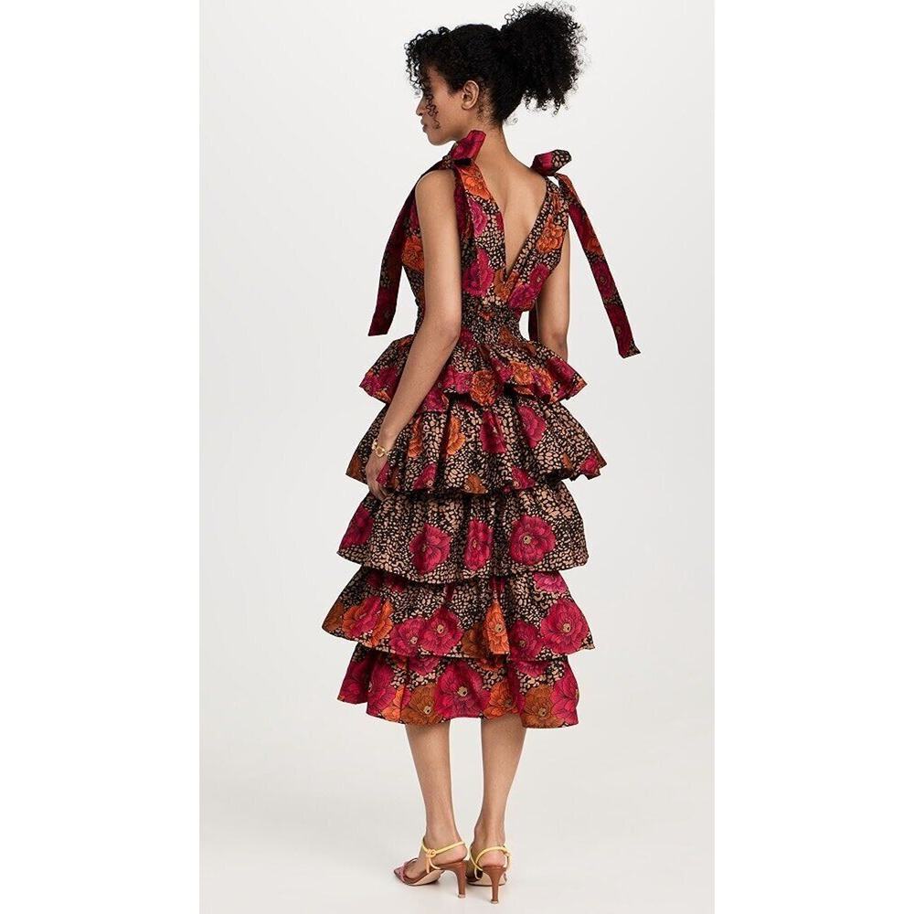 ELISAMAMA Sz S Small One Midi Dress Fuchsia Orange Black Floral Tiered Ruffle
